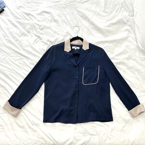 Navy Button-Up Shirt with Beige Accents